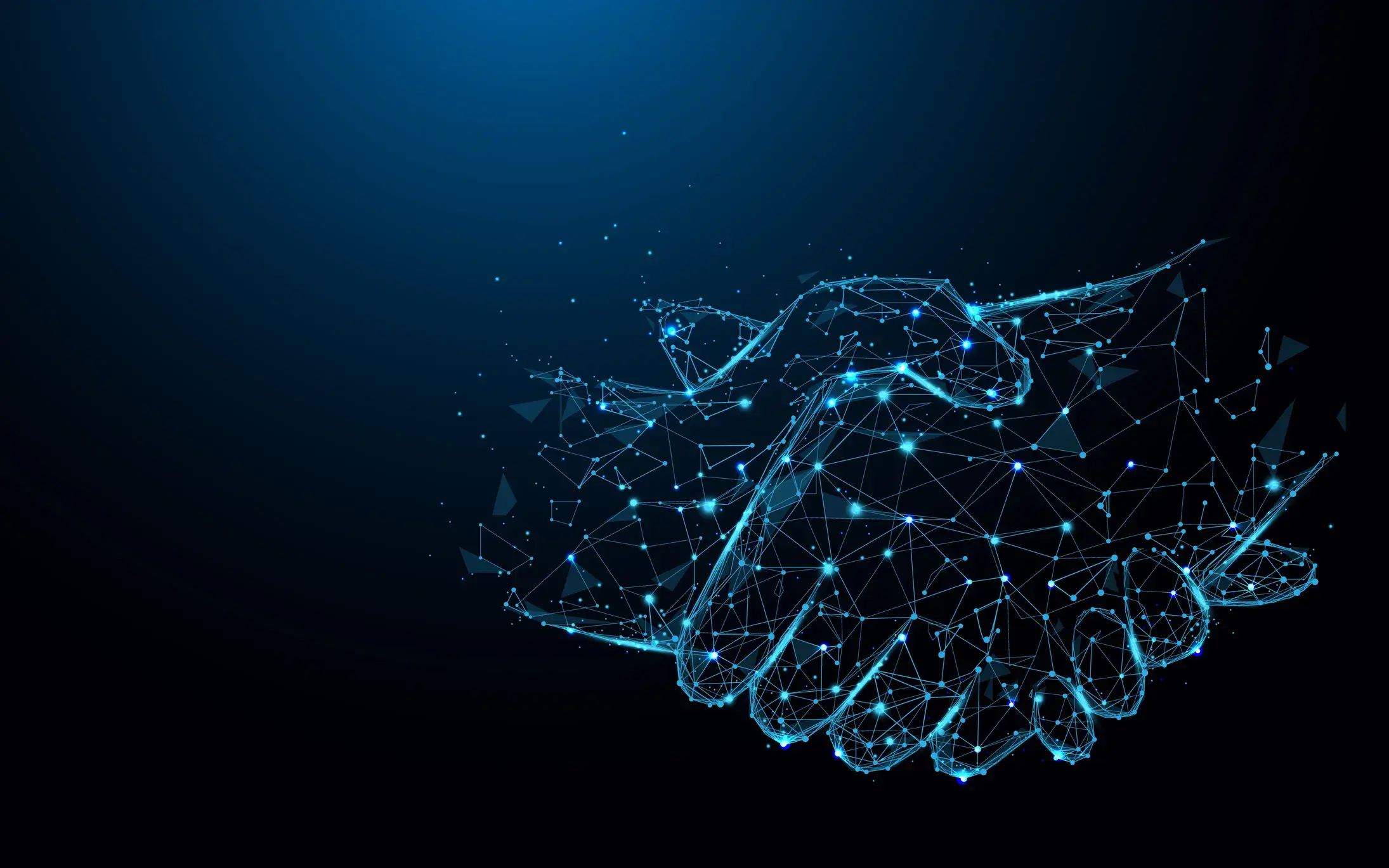 Two abstract light blue hands shaking, symbolizing partnership and collaboration.